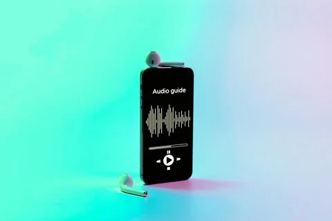 Audio guide online app on digital mobile smartphone screen with music headpho 写真素材
