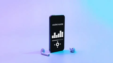 Audio guide online app on digital mobile smartphone screen with music headpho Stock Photos