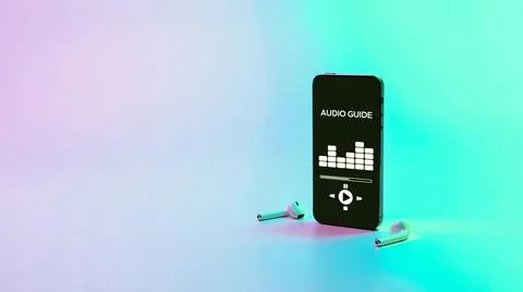 Audio guide online app on digital mobile smartphone screen with music headpho Foto stock