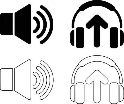Audio Icon Set, Speaker Volume Sound Wave and Headphone Upload Arrow Symbol.. 스톡 일러스트