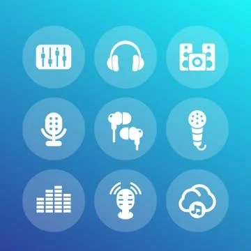 Audio icons set, equalizer, sound mixing console, earbuds, headphones, microp Stock Illustration