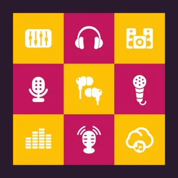 Audio icons set, equalizer, sound mixing console, music in cloud, earbuds, he Stock Illustration