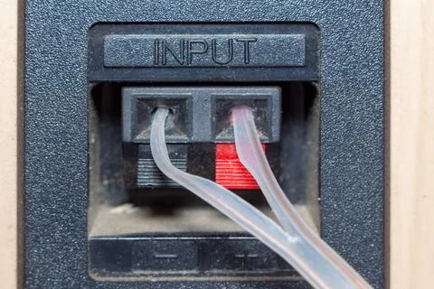 Audio input cables connected to a professional sound equipment panel 스톡 사진