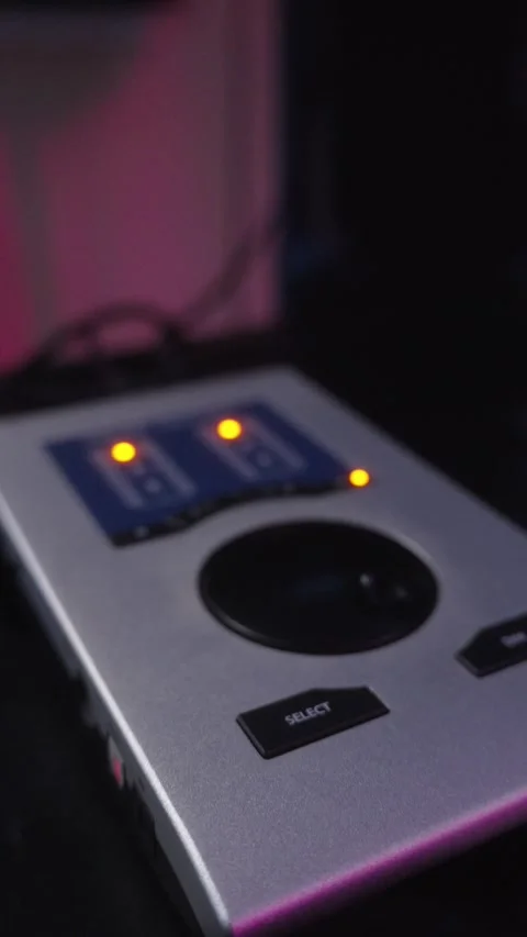 Audio Interface on Desk in Recording Studio Close-Up Stock Footage 332978425