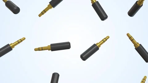 Audio Jack Adapters Falling on a Light Blue Background. 3.5mm Audio Jack 3D. 4K Stock Footage 295508060