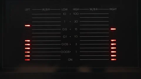 Audio level meter on the old sound amplifier. Red lights left and right power Stock Footage 164518063