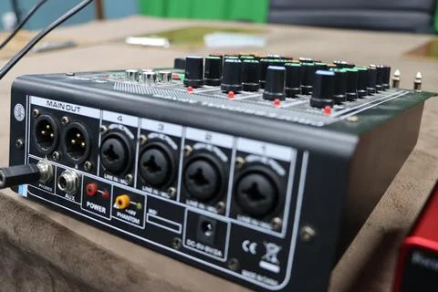 Audio mixer control panel with buttons, close-up, selective focus3 Stock Photos