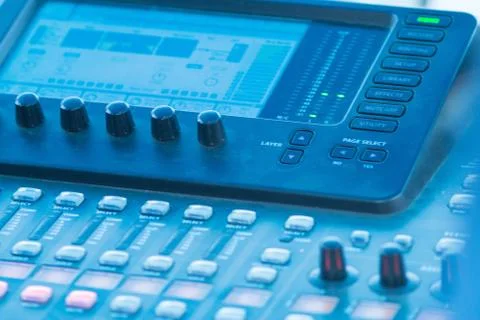 Audio mixer control panel, sound recording studio Stock Photos