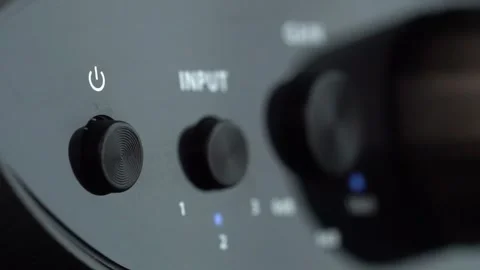 Audio mixer knob in studio - closeup power button and input control Stock Footage 319298307