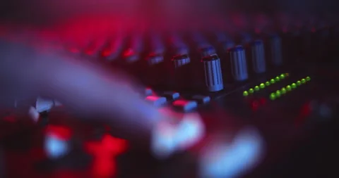 Audio Mixer Macro Close Up. Audio Engineer Pushes Master Faders. Video stock 167612021