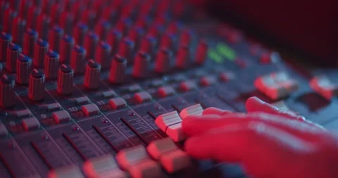 Audio Mixer Macro Close Up. Audio Engineer Pushes Channel Faders. Stock Footage 167612982