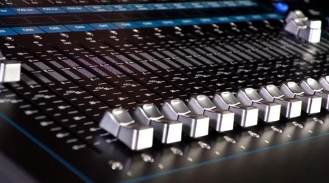 Audio Mixer Macro Close Up. Pan Of Mixing Faders And Level Meters. Video Stock Footage 59387767