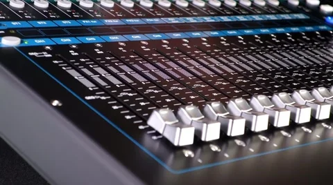 Audio Mixer Macro Close Up. Pan Of Mixing Faders And Level Meters. Video Stock Footage 59387773