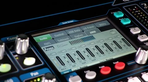 Audio Mixer Macro Close Up. Pan Of Mixing Faders And Level Meters. Video Stock Footage 59387876