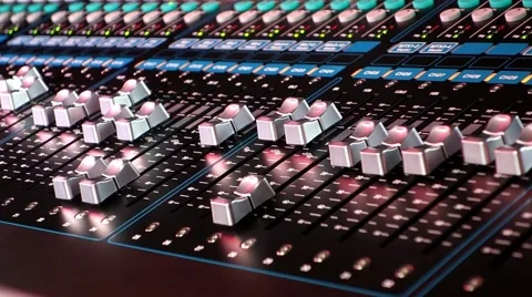 Audio Mixer Macro Close Up. Pan Of Mixing Faders And Level Meters. Video Stock Footage 59387886