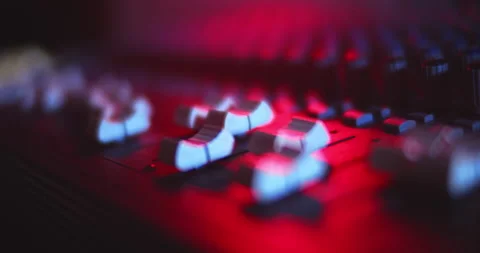 Audio Mixer Macro Close Up. Pan of Channel Faders. Video stock 167611980