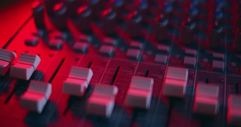 Audio Mixer Macro Close Up. Pan of Audio Channel Faders. Video stock 167612319
