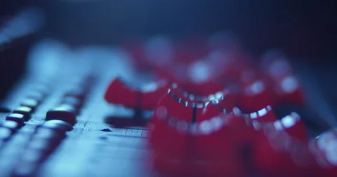Audio Mixer Macro Close Up. Rack Focus on Mixing Faders. Video stock 167611077