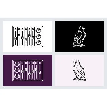 Audio mixing console and eagle bird line art icons Stock Illustration