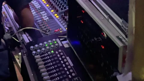 Audio mixing console and sound system control panel in production studio Vídeos de archivo 344115543
