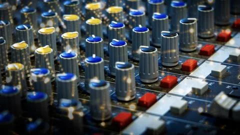 Audio mixing console, close-up of audio equipment, selective focus Stock Photos