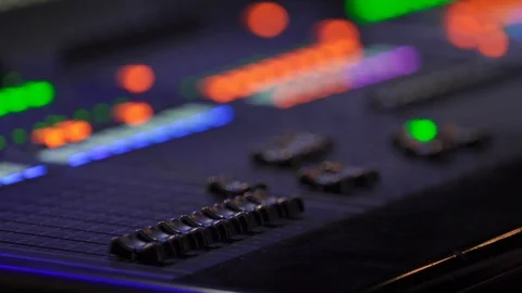 Audio mixing console close-up, focus pull 스톡 동영상 101160358