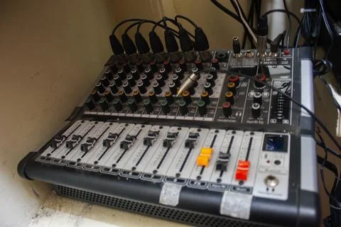 Audio mixing console in a recording studio. Close-up view. Foto stock