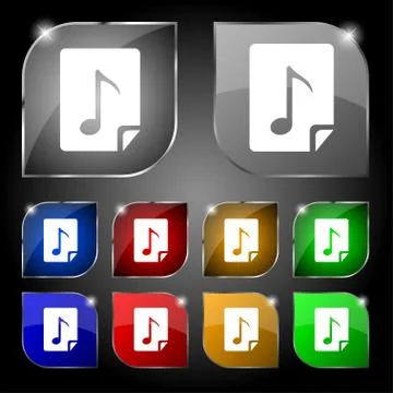 Audio, MP3 file icon sign. Set of ten colorful buttons with glare. Vector Stock Illustration