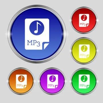 Audio, MP3 file icon sign. Round symbol on bright colourful buttons. Vector Stock Illustration