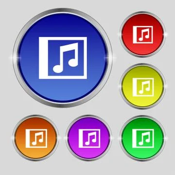 Audio, MP3 file icon sign. Round symbol on bright colourful buttons. Vector Stock Illustration