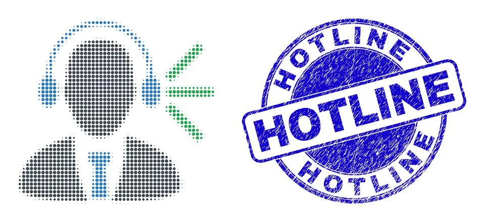 Audio Operator Sound in Halftone Dot Style with Blue Grunge Hotline Watermark Stock Illustration