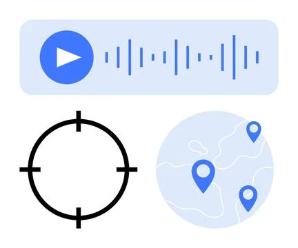 Audio playback button, soundwave, targeting reticle, global map with location Stock Illustration