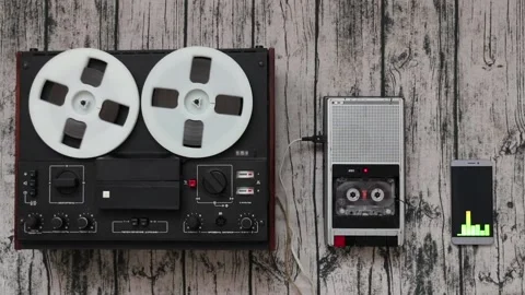 Audio player evolution, technologies progress concept. Tape recorder, smartphone Video stock 99514495