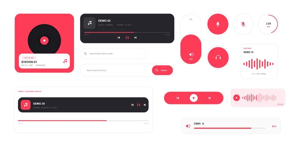 Audio player interface widget kit with coral red playback controls vinyl deck 库存插图