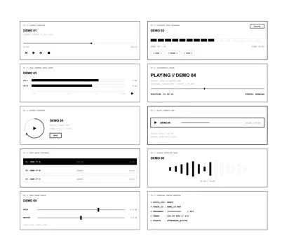 Audio player UI components set minimal sound widgets waveform sliders Stockillustratie