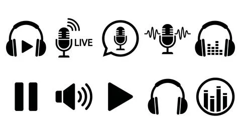 Audio podcast media player control icons set vector graphic illustration Stock Illustration