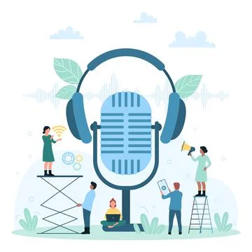 Audio podcast, tiny people record sound with big microphone, listen voice Stock Illustration