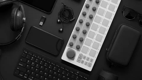 Audio producer concept. Various digital recording audio music gadgets placed on Stock Footage 132971402