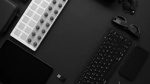 Audio producer concept. Various digital recording audio music gadgets placed on Stock Footage 133070214