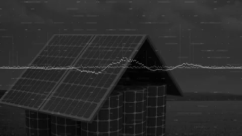 Audio pulse animating dotted waveform over solar shelter, static and showing Stock Footage 332544617