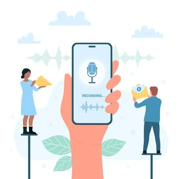 Audio record mobile app in phone, hand holding smartphone with microphone on Illustrazione stock