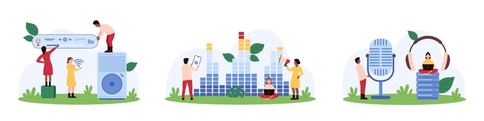 Audio recording and playback by tiny people, sound settings management in mobile Illustrazione stock