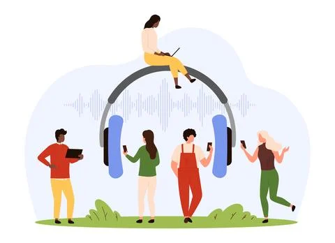 Audio service app, tiny people with mobile phones listen radio podcast, music イラスト素材
