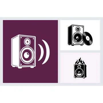 Audio speaker icons with vinyl record and fire flame Stock Illustration