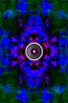 Audio speaker on a patterned background Audio speaker on a blue and green ... 스톡 사진