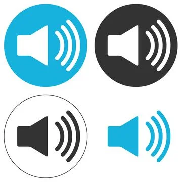 Audio speaker sound icon set in blue and black circles isolated on white Stock Illustration