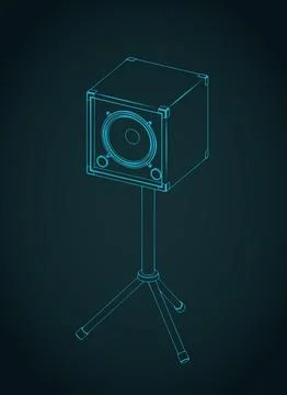 Audio speaker on tripod stand isometric blueprint sound system Stock Illustration