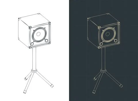 Audio speaker on tripod stand isometric blueprint sound system illustrations Stock Illustration