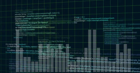 Audio starting equalizer bars surging reacting to audio while code snippets Stock Footage 310319346