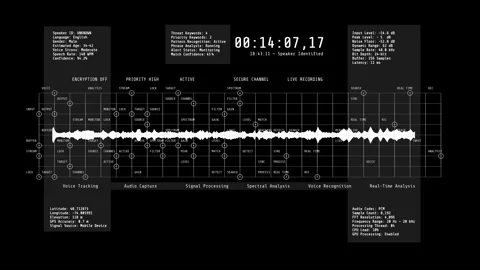 Audio Surveillance Interface Monochromatic Voice Waveform Signal Analysis Screen Stock Footage 341424102